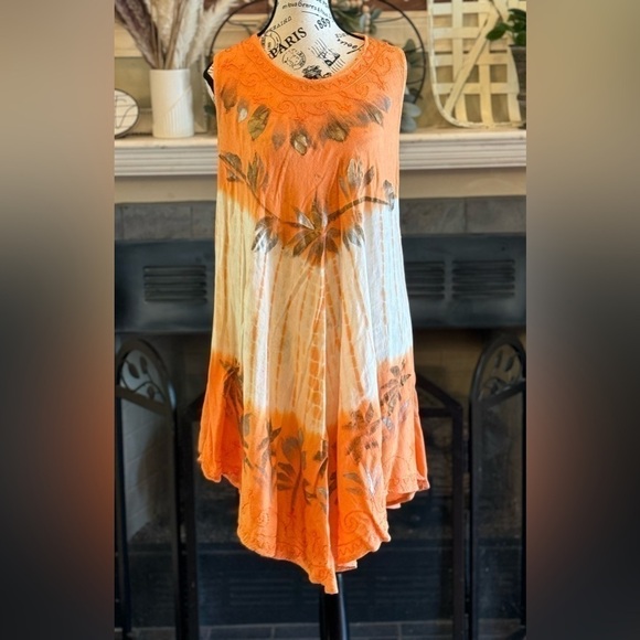 Dresses & Skirts - Vintage 90s Hand Painted Embroidered Tie Dye Umbrella Dress Orange Sleeveless